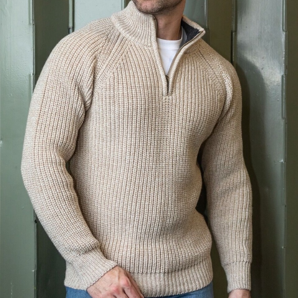 ORIGINAL ARAN CO HALF ZIP RIBBED SWEATER CAMEL - M